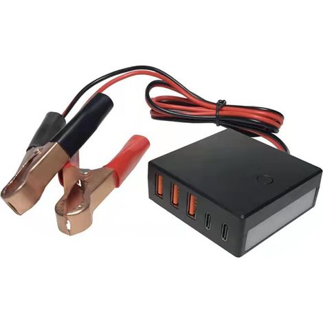 Convertisseur DC avec clip de batterie 12V 24V à 5V 12A USB Convertisseur Buck Regulator Sortie totale 60W avec lumière de secours LED, 3 ports USB + 2 ports de type C, identifie automatiquement (1/5)