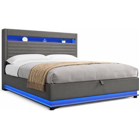Cama tapizada 180x200 cm con almacenamiento hidráulico, LED ajustable y cabecero acolchado, puerto USB y USB-C, tela gris, sin colchón, ideal para dormitorio moderno – CHICFURN (1/5)