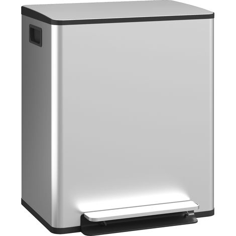 Poubelle de cuisine - HOMCOM - 2 compartiments 2 x 25L - couvercle à fermeture douce - acier inoxydable - 47,7x37,5x56cm - argent (1/5)