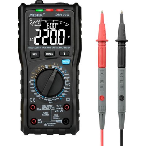 MESTEK Compteur 10000 Vrai RMS Multimètre Numérique Multifonction Mesure Tension AC/DC Courant Résistance Capacité Fréquence Diode Température Testeur NCV Fil Sous Tension Alarmes Fusible Anti-brûlure