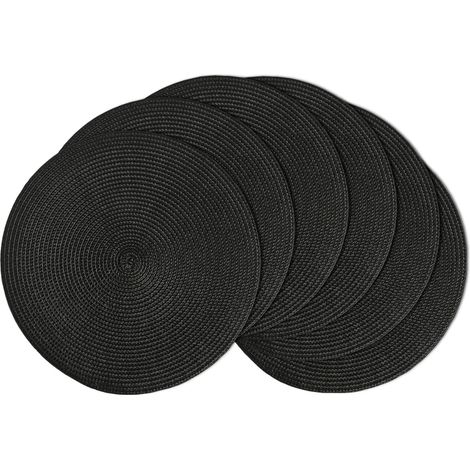 Ein Set aus 6 runden, schwarzen Platzsets mit je 36,5 cm Durchmesser, abwaschbar und hitzebeständig, geeignet für Küchen, Innen- und Außenbereiche, Wohnungen, Restaurants und andere Orte.