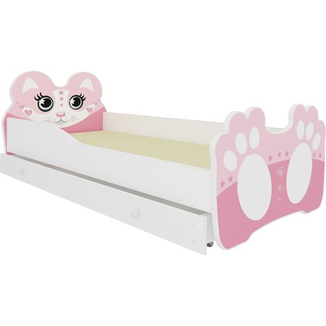 Lit enfant rose avec motif petit chat rose - Matelas inclus - Tiroir de rangement-70x140 (1/5)