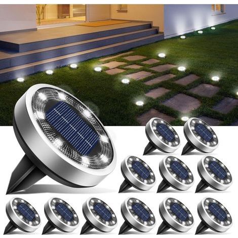 Lot de 12 Lampe Solaire Au Sol, 8 LED Jardin Exterieur Solaire Etanche Lumiere Solaire, Spot Solaire Extérieur pour Chemins Pelouse Terrasse Allée Cour Piscine, Blanc Froid [Classe énergétique E] (1/5)