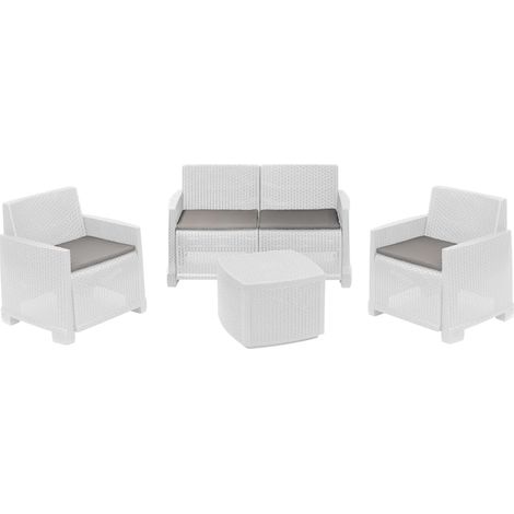 Ensemble de salon d'extérieur Peschici, Composition de jardin avec 2 fauteuils, 1 canapé et 1 table de rangement, Effet rotin avec coussins, Blanc (1/3)