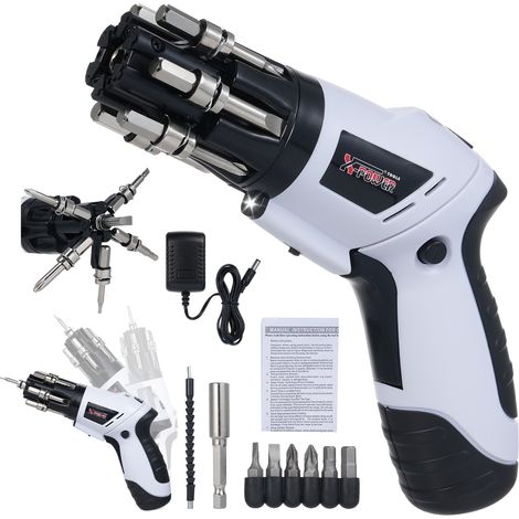 Tournevis électrique sans fil 4,8 V rechargeable, mandrin 6 griffes, interrupteur one-click, rotation réversible, éclairage LED, poignée pistolet et droite 180°, 6 embouts et arbre flexible 25 cm (1/2)