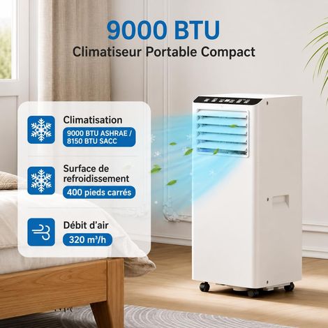 Climatiseur Mobile 2,6 KW (9000 BTU), 3-En-1 – Refroidissement, Déshumidification, Ventilation – Contrôle Intelligent, Minuterie 24h – Kit évacuation Inclus, Surface Jusqu’à 30m² (1/5)