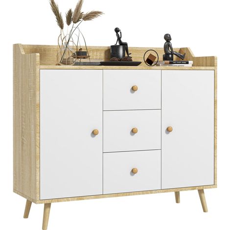 Mobile Credenza 3 Cassetti 90x32x80A cm in Truciolato e Legno di Pino Bianco (1/5)