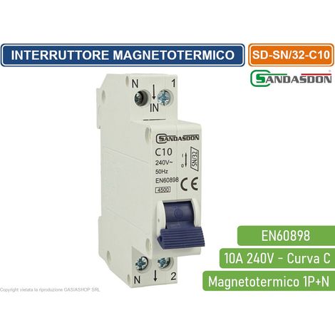 SANDASDON INTERRUTTORE MEGNETOTERMICO PER BARRA DIN 1 MODULO 1P+N 240V CURVA C 4.5KA 10A (1/2)