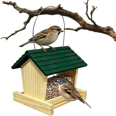 Mangeoire Oiseaux Exterieur 18.3x17.5x17.5cm Mangeoire à Oiseaux en Bois Facile à Remplir Et à Nettoyer Cabane Oiseauxes à Suspendre avec Toit Vert pour Jardin Terrasse Ou Balcon (1/5)