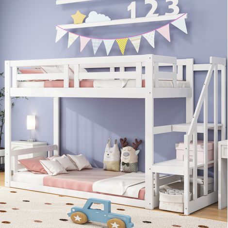 Letto a castello basso per bambini stile casetta in legno massello bianco 90x200 cm con scala contenitore e rete a doghe (1/5)