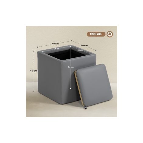Pouf de rangement gris carré en similicuir avec couvercle et assise, 40 x 40 x 40 cm pour salon, chambre et entrée (1/5)
