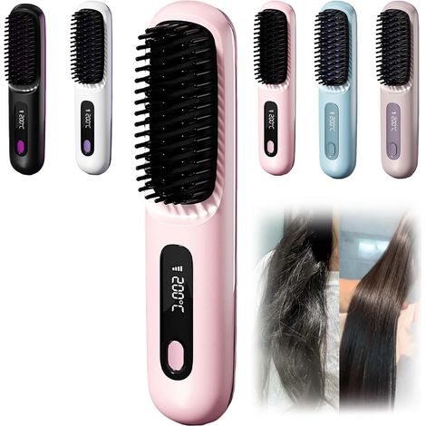 Cocoony Styling Brush for Short Hair, Portable Rechargeable Straightening Brush, 20s Fast Heating, 3-Stage Temperature Adjustment, for Daily Styling & Travel (Pink)