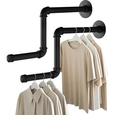 Lot de 2 portants muraux en forme de tuyau industriel noir pour suspendre les vêtements 45,7 cm Barre à vêtements amovible pour chambre à coucher, salle de bain et buanderie 46 cm (1/5)