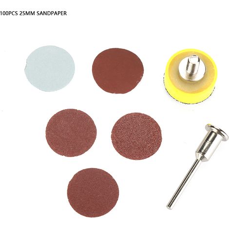 Confezione da 100 dischi abrasivi da 25 mm P100-P3000 + gambo da 1/8" per levigatrice, ossido di alluminio, levigatura di legno e metallo. (1/5)