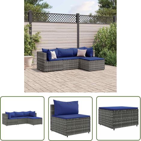 The Living Store Salon de jardin 4 pcs avec coussins Gris Résine tressée - Ensemble Salon De Jardin - Meuble De Jardin - Salon Extérieur - Mobilier De Jardin - Chaise Lounge