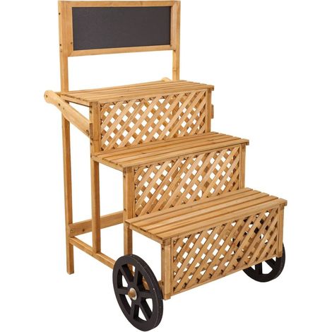 Carro expositor de madera marrón con pizarra 70x71x116