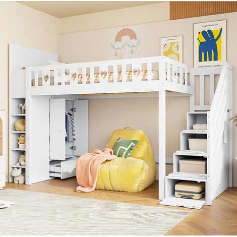 Hochbett 90x200 cm Weiß aus Kiefernholz und MDF mit Stauraumleiter, Regalen und klappbarem Schrank (1/5)