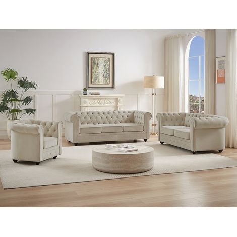 Canapé 3 places, 2 places et fauteuil en velours beige CHESTERFIELD
