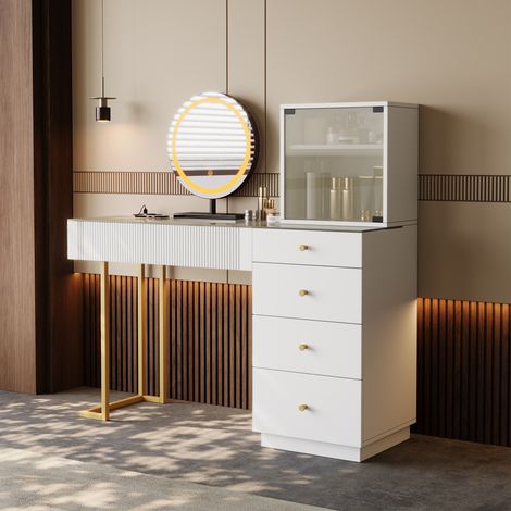 Tocador 120x40x120 cm de madera y vidrio blanco con LED y almacenamiento FloraGrace (1/5)