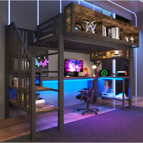 Lit mezzanine vintage bois et métal 90x200 cm brun/noir avec bureau d’angle, rangements d’escalier et LED