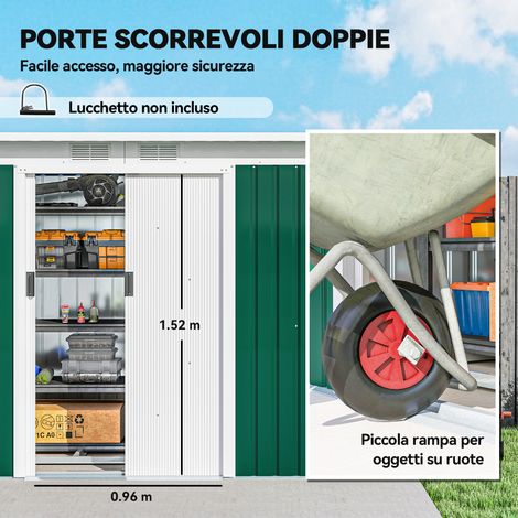 Metall-Gartenbox 2,7 m x 1,2 m, ausgestattet mit Sockel, Belüftung und Doppeltür, grün scuro