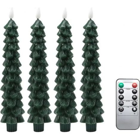 Set di 4 candele a LED per albero di Natale con funzione timer e telecomando, in vera cera verde, con effetto fiamma tremolante, ideali per l'inverno, la casa e l'albero di Natale, in confezione regal