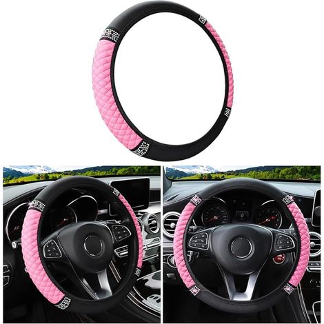 Universelle Couvre Volant Voiture, Housse De Volant De Voiture sans Anneau Intérieur en Cuir Brodé, 37-38CM, PU Cuir Antidérapant Respirant, Protège-Volant pour Auto (Rose) (1/5)