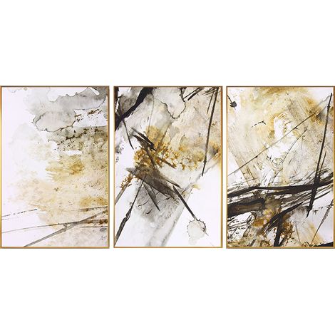 Tableau abstrait noir et or en trois panneaux, sans cadre, imprimé à l'encre dorée sur toile. Décoration murale idéale pour chambre, salon, bureau ou intérieur.