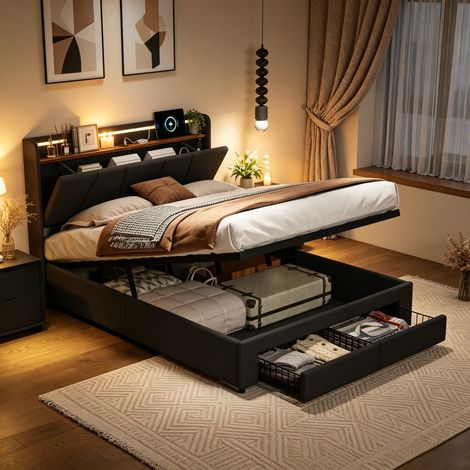 Letto contenitore 160x200 cm in lino con LED regolabile e USB, letto imbottito con rete a doghe, struttura silenziosa