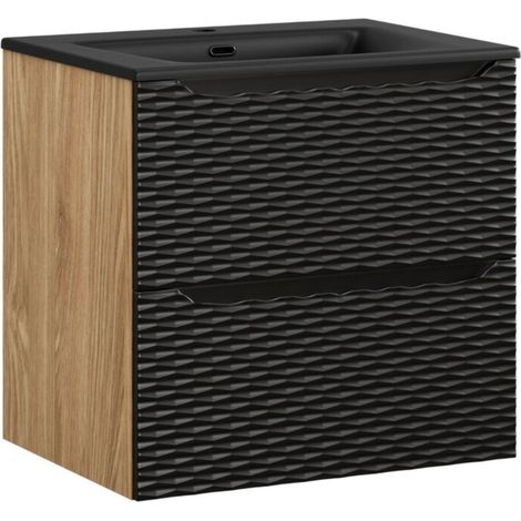 Ensemble de salle de bain YOKA noir : meuble sous vasque à tiroirs 60 cm + vasque à encastrer noire