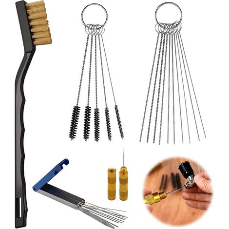 Kit de Nettoyage Pour Gicleurs de Carburateur, Ensemble Nettoyage Buses, 13 Fils 10 Aiguilles 5 Brosses 1 Outil Prélèvement 1 Brosse Métallique, Adapté Aux Voitures Motos Quads Soudeuses Gazon (1/5)