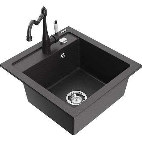Mexen Vito 1-Becken-Granit-Spüle mit Mischbatterie Carla, Schwarz gesprenkelt - 6503-76-670700-76