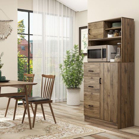 Buffet moderne avec 3 tiroirs et placards - 80x40x178cm - placard de garde-manger pour cuisine et salon en bois - noyer
