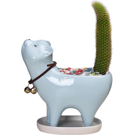Ceramic Flower Pot, Cat Shaped Flower Pot, Small Indoor Flower Pots Decorative Ceramic Pots for Succulent Plants, Flowers, Cactus (Blue) (1/5)