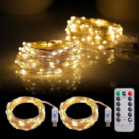 1 Guirlande lumineuse, 200 LED, Blanc chaud, 33ft, Télécommande, 8 modes, Intérieur (1/4)