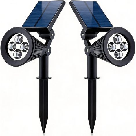 Deux projecteurs muraux extérieurs à énergie solaire (4 LED, réglables) avec fonction marche/arrêt automatique déclenchée par la détection de l'obscurité.Lumière blanche (1/5)