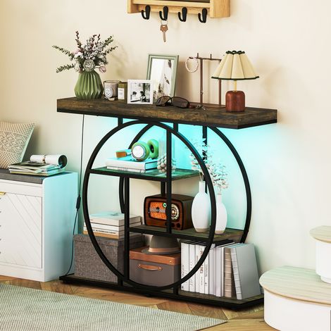 Console meuble avec éclairage LED 100 cm, table console à 4 niveaux avec étagères ouvertes, marron rustique et noir (1/5)