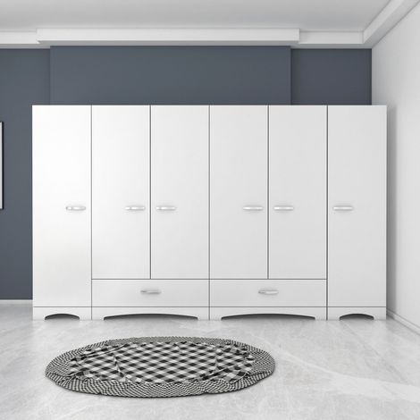 Armoire penderie 6 portes et 2 tiroirs Lanae L243cm Blanc (1/5)
