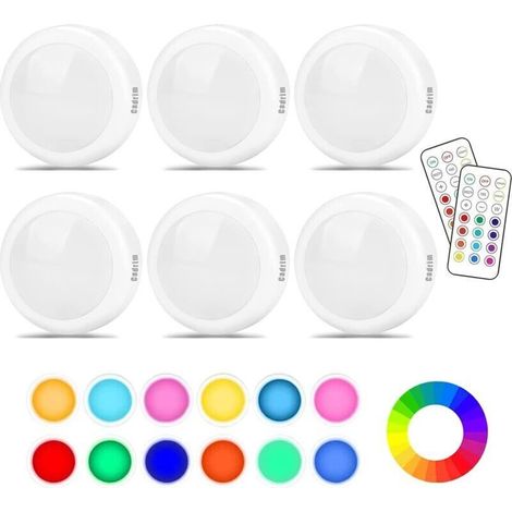 Lampe LED sans fil 6 pièces 1 W, veilleuse RGB 13 couleurs, luminosité réglable pour cuisine, chambre, coiffeuse (1/4)
