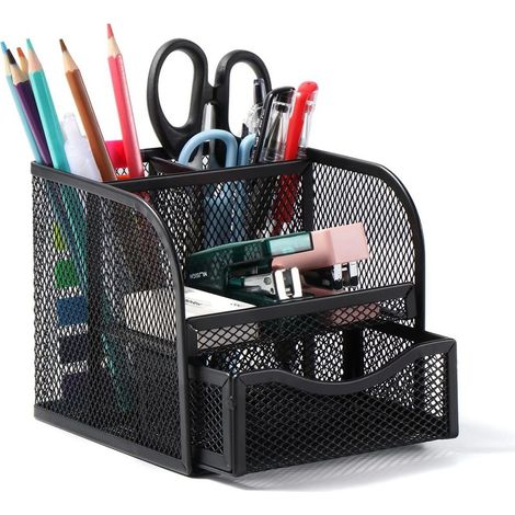 Schreibtisch-Organizer, Schreibtisch-Organizer aus Metallgitter, Stiftehalter mit 4 Fächern, platzsparender Stiftehalter mit Schublade für Schreibwaren, Zuhause, Schule (1/4)