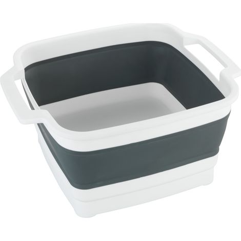 WENKO Bac de lavage pliable Sira, bac-vaisselle pliable avec bouchon d'écoulement intégré & anses pour un transport facile, rangement peu encombrant, 8 litres, (l x h x p) 39 x 32,5 x 18, gris/blanc (1/8)
