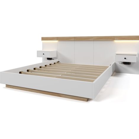 Letto matrimoniale 180 x 200 cm con 2 comodini LED e presa USB-C bianco e legno (1/5)