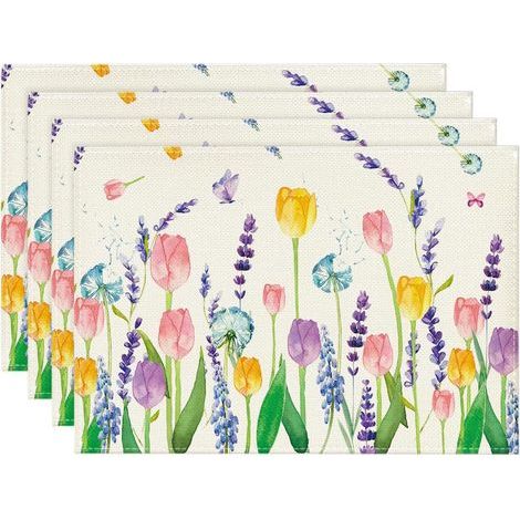 Sets de table printaniers, lot de 4, tulipe lavande, décoration festive, lavables