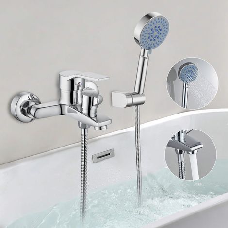 Oraymin – Mitigeur Baignoire avec Douchette à Main 5 Jets - Robinet de Bain Mural en Laiton Chromé - Ensemble Complet avec Flexible 150 cm et Support (1/5)