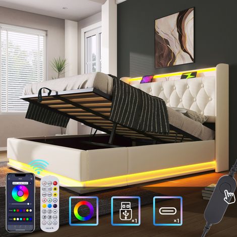 Bett Mit Bettkasten 140x200 cm Mit Hydraulikgestell Und LED-Beleuchtung (1/5)