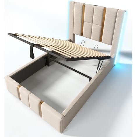 Cama canapé individual 90 x 200 cm de lino beige con LED, USB Tipo C y somier de láminas HOMVRA (1/5)