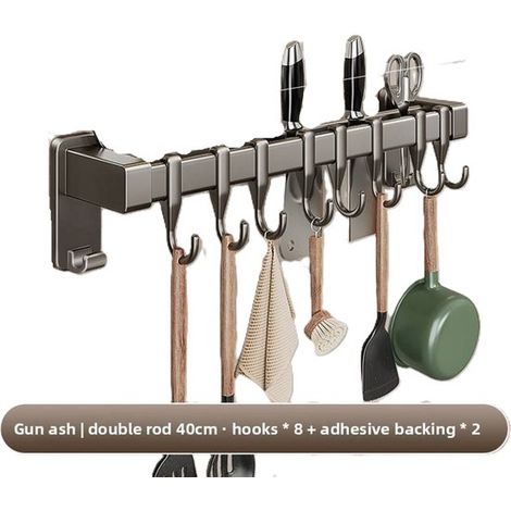 Étagère murale cuisine gunmetal 40 cm, autocollante, avec 8 crochets pour ustensiles et casseroles, sans perçage (1/3)