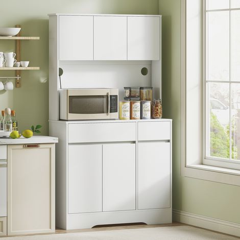 Meuble de cuisine avec plan de travail ouvert, 6 portes, 2 tiroirs, étagères réglables, passe-câbles, panneaux de particules, blanc