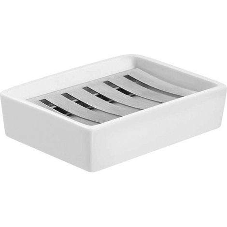 Jabonera - Doble Capa - Cerámica Blanca Y Acero Inoxidable 304 - Autoescurrida - Para Baño Y Cocina - 1 Unidad (1/5)