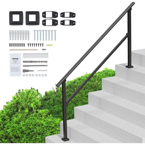 VEVOR Rampe deescalier pour 5 marches exterieures, main courante escalier en acier au carbone, avec kit deinstallation, pour personnes agees, marches en beton, porche, terrasse, tube carre noir (1/5)